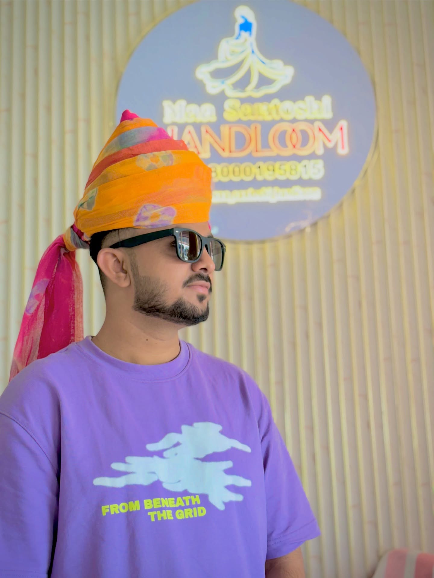 A vibrant collection of traditional Rajasthani safas (turbans) featuring bright colors and cultural styles.